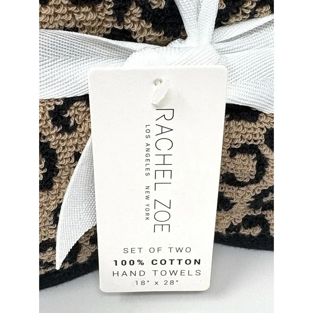 Rachel Zoe Animal Leopard Print Hand Towels Black Brown NWT Set 2 Pcs